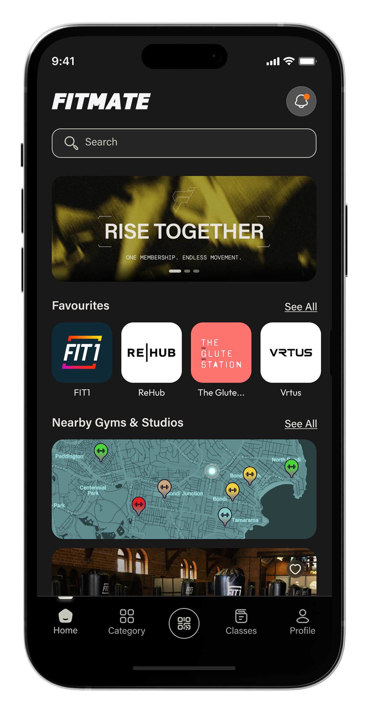 FITMATE mobile app interface showing Rise Together, partner gyms, map locations, and navigation