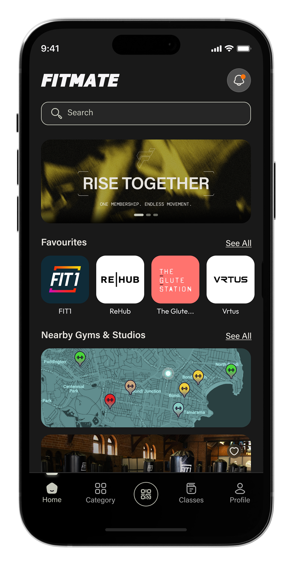 FITMATE mobile app interface showing Rise Together, partner gyms, map locations, and navigation